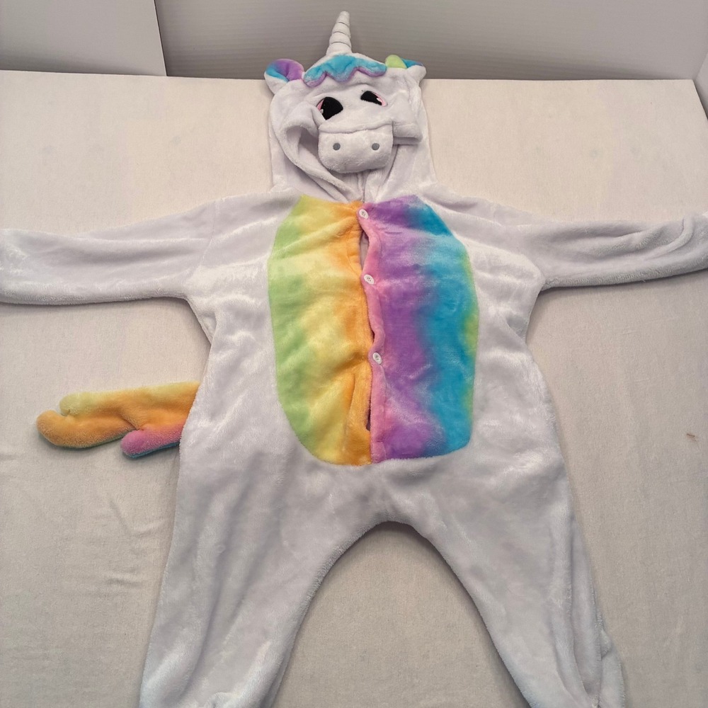 Unicorn Plush Rainbow Costume Pajamas Kids Size 4T White One Piece Wings Hooded